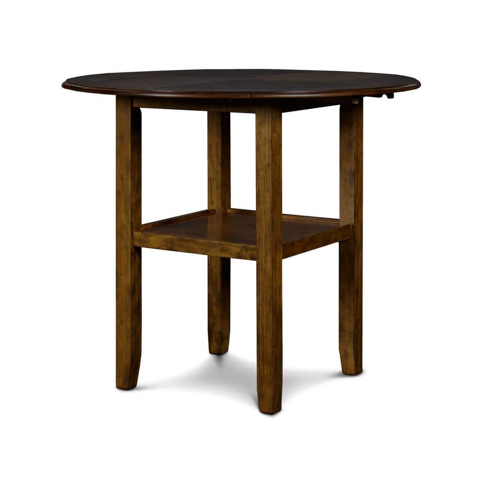 Brown Rubberwood Drop Leaf Counter Table Set with Black Upholstered Chairs