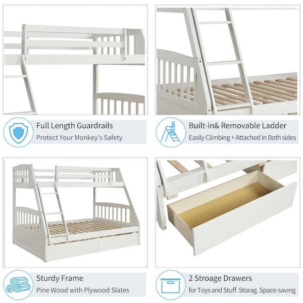 White Solid Wood Twin Over Full Bunk Bed with 2-Storage Drawers
