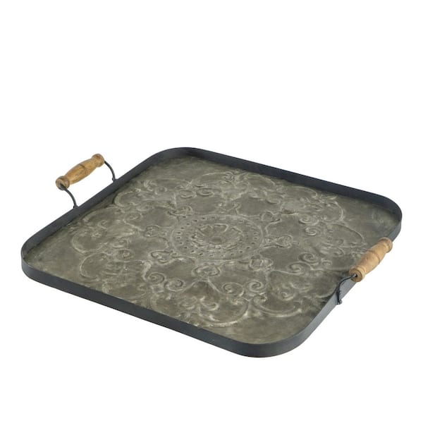 28.7 in. W x 24.4 in. D x 3.9 in. H Gray Iron Portable Modern Decorative Tray with Stable Wood Handles for Tabletop