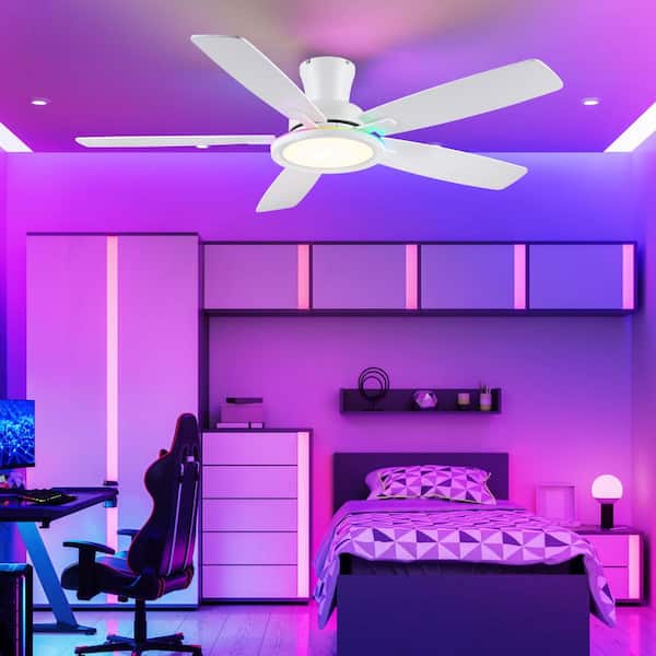 52 in. Indoor/Outdoor Modern Flush Mount White 6-Speed Ceiling Fan with RGB LED Light and Remote/APP Control