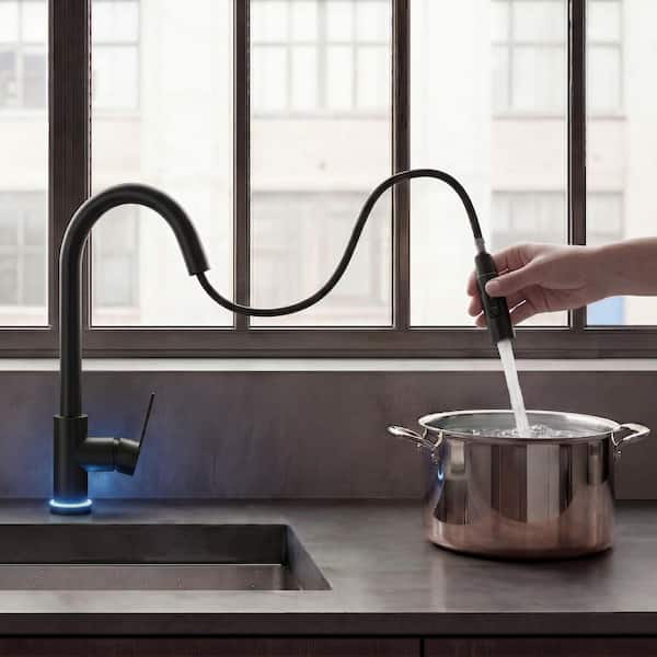 16 in. H LED Stainless Steel 1-Handle Pull Down Sprayer Kitchen Faucet Hot and Cold with 360° Swivel in Matte Black
