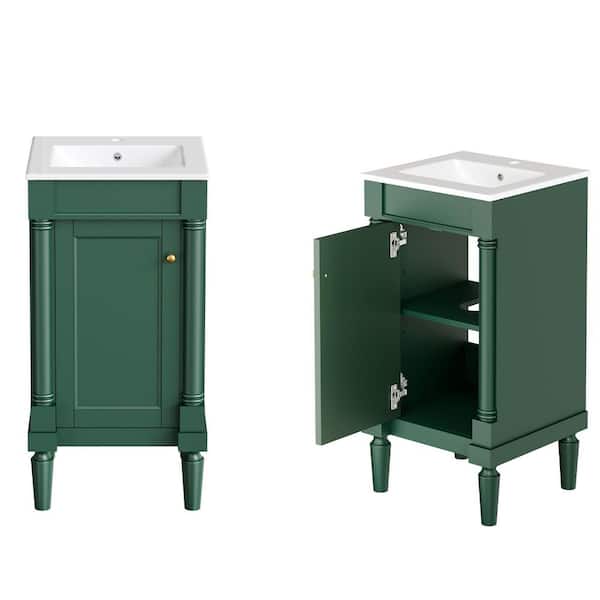 18 in. Freestanding Solid Wood Bath Vanity in Green with Glossy White Ceramic Top