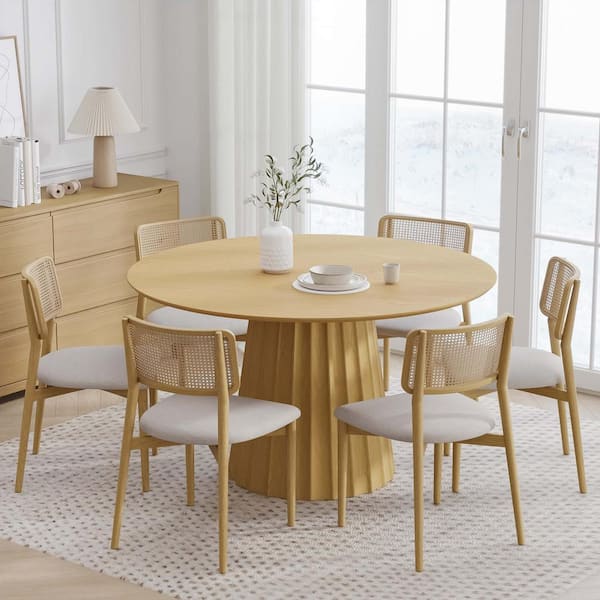 Round Oak Wood 52 in. Column Base Dining Table Seats 6