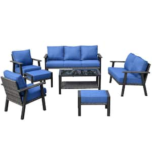 Geneva Grey 7-Piece 7-Seat Wicker Metal Outdoor Patio Conversation Sofa Seating Set with Bright Blue Cushions