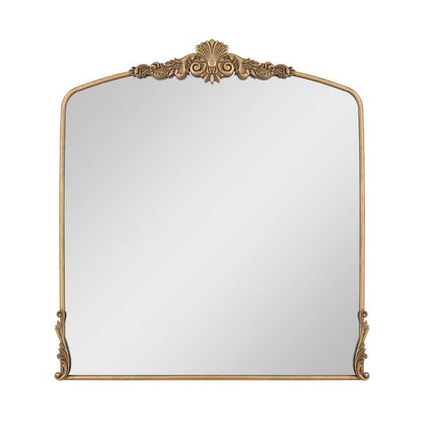 Elevatehome 37 in. W x 40 in. H Baroque Carved Vintage Gold Arched Framed Wall Bathroom Vanity Mirror