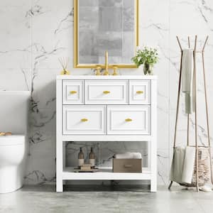 30 in. W Single Sink Freestanding Bath Vanity in White with White Resin Top and 5 Drawers