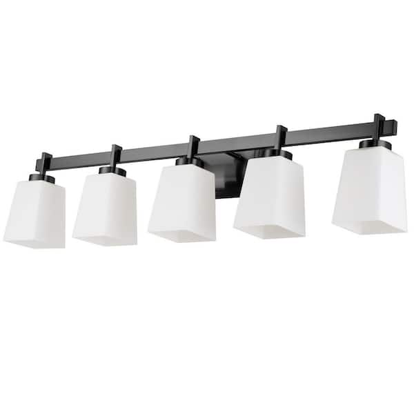 Morauroral 40 in. 5-Light Black Bathroom Vanity Light with Frosted Glass Square Shades Classic Wall Sconce for Damp Location