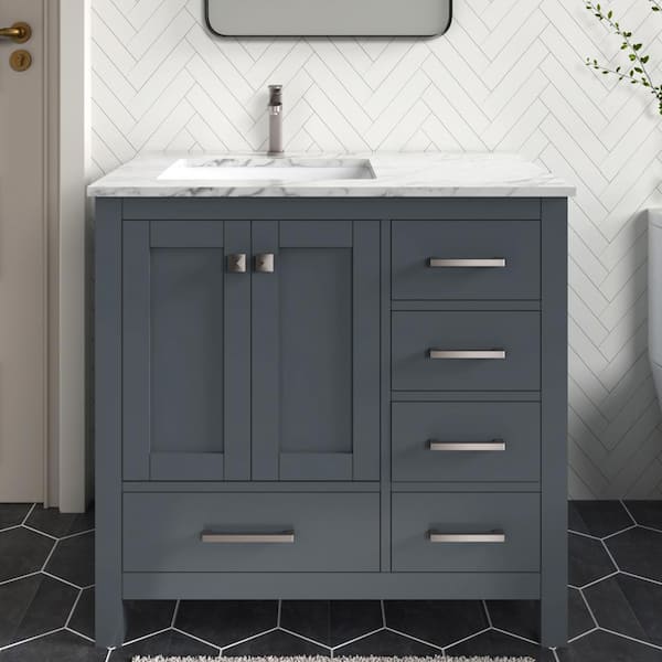 Anneliese 36 in. W x 21 in. D x 35 in. H Single Sink Freestanding Bath Vanity in Charcoal Gray with Carrara Marble Top