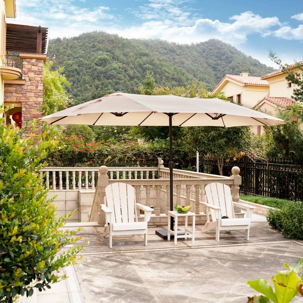 Beige 15 ft Double-Sided Outdoor Patio Umbrella with Steel Pole