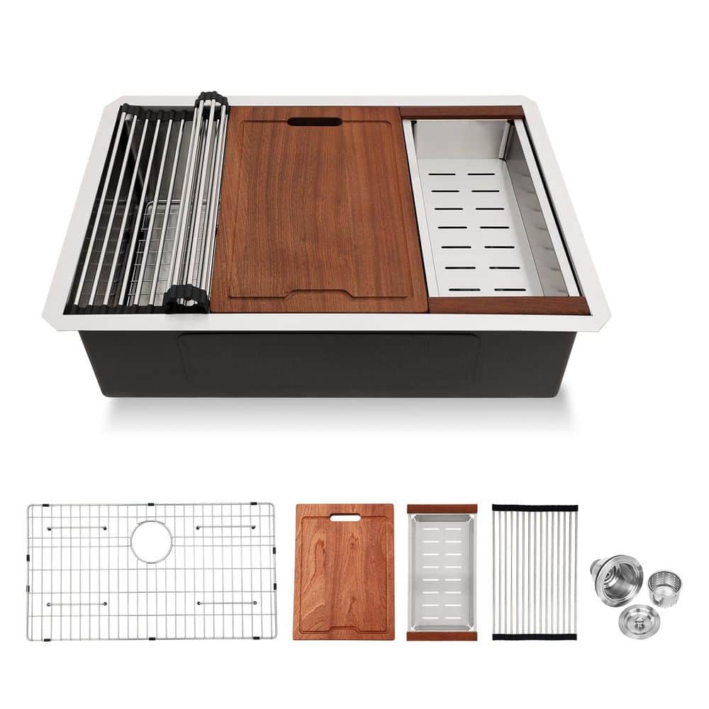 27 in. Undermount Single Bowl 16 Gauge Brushed Nickel Stainless Steel Kitchen Workstation Sink with Accessories Bundle price history on PriceWatchPro