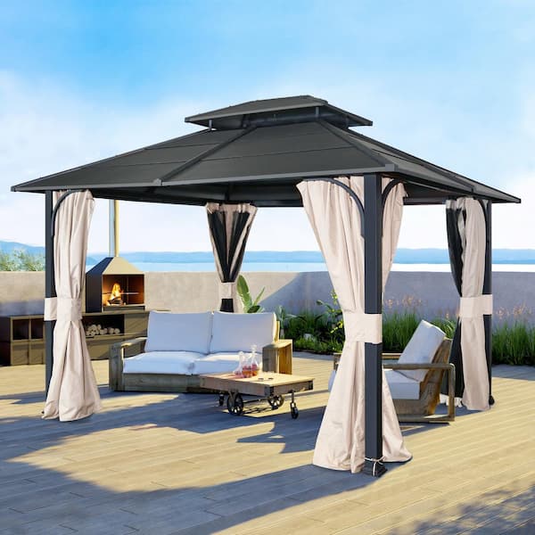 COOS BAY 12 ft. x 14 ft. Black Hardtop Patio Gazebo with Double Roof, with Mosquito Netting and Privacy Curtains