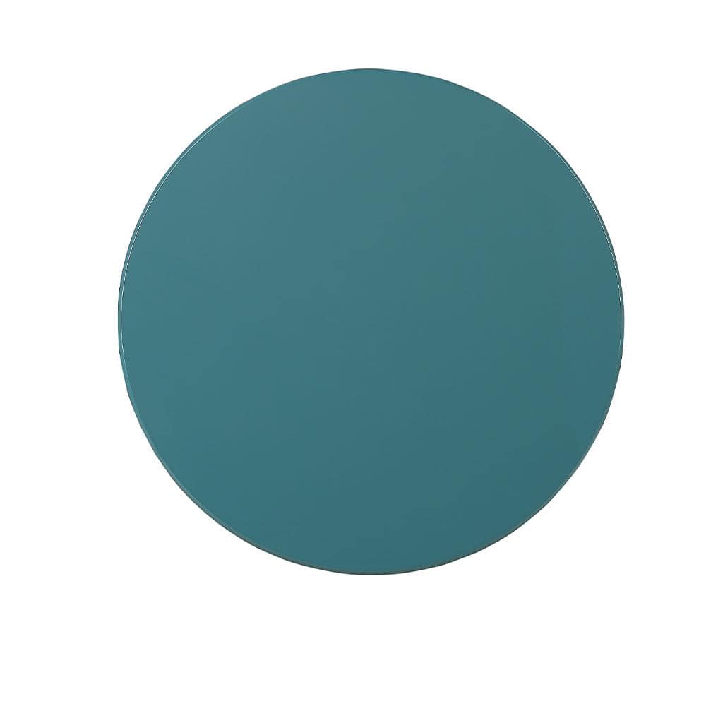 Teal Round Wooden Aberta Side Table with Stylized Legs and Shelf