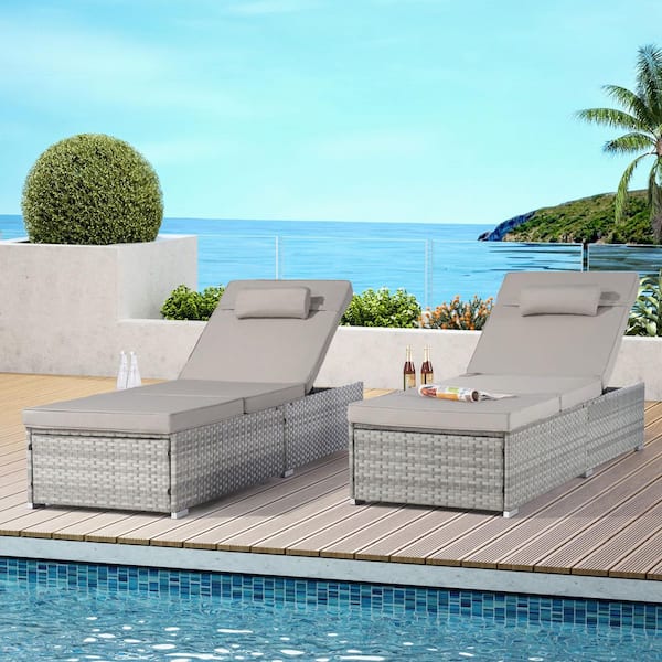 Wicker Outdoor Chaise Lounge Chair Set of 2 with Storage Patio Pool Chairs Tanning Lounges with Gray Cushion