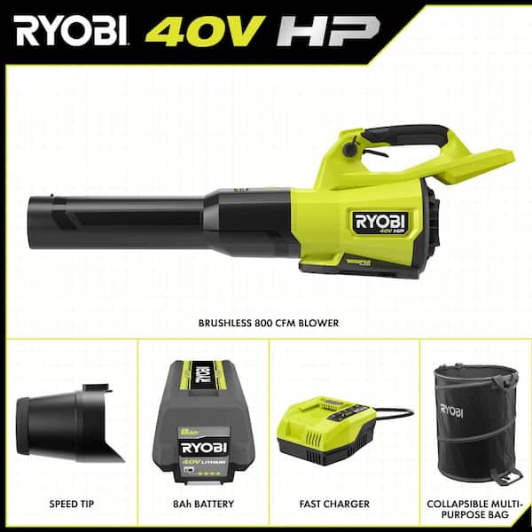 40V HP Brushless 800 CFM Whisper Series Blower with 8.0 Ah Battery, Charger and Lawn and Leaf Bag