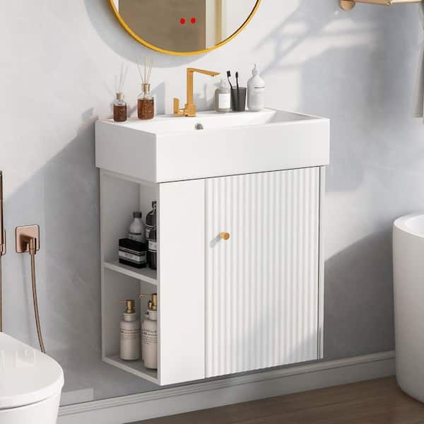 21.6in.W x 12.2in.D x 26.4 in. H Left Side Storage Single Sink Floating White Bath Vanity, with White Ceramic Top Basin