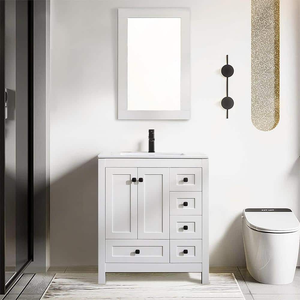 White 30" Freestanding Bathroom Vanity with Ceramic Sink and Mirror