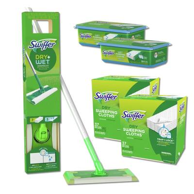 Microfiber Sweeper Dry and Wet Mop Starter Kit Plus 2 Dry Cloth(37-Count) Plus 2 Wet Cloth Fresh Scent (28-Count) Bundle