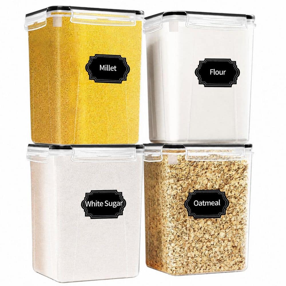 4-Piece Airtight Food Storage Container Set with Lids, Labels and Marker, Black, 5.2 L