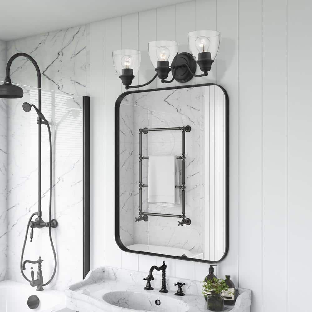 Montgomery Black Steel 3-Light Vanity with Clear Glass Shades