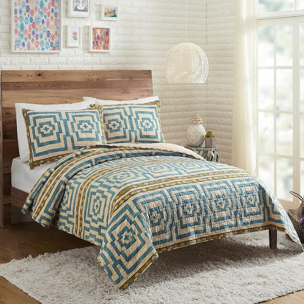 MAKERS COLLECTIVE HYPNOTIC BLUE KING COTTON QUILT SET 3 PIECE BY JUSTINA BLAKENEY