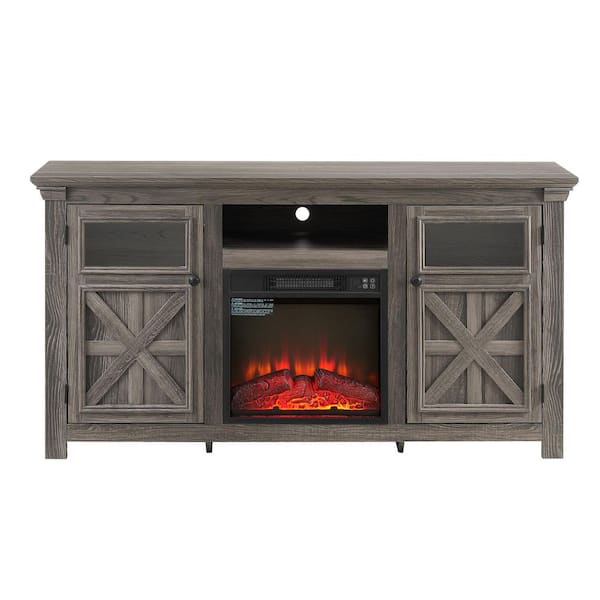 60 in. Freestanding 18 in. Electric Fireplace Insert TV Stand with 2-Doors Cabinet in Gray