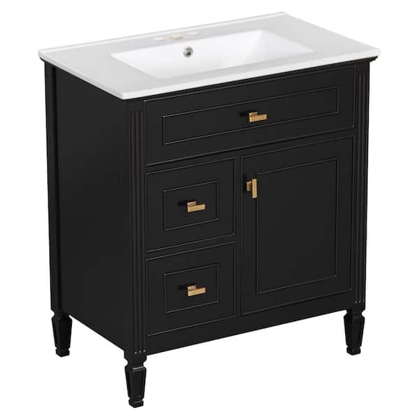 NURVIA 30 in. Single Sink Freestanding Black Bath Vanity with White Ceramic Top Unassembled