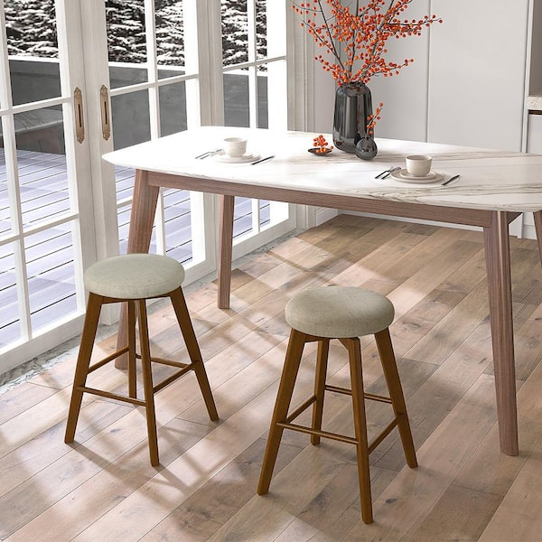 26 in. Beige Rubber Wood Counter Stool with Linen Fabric Seat 2 Set of Included