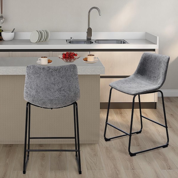24 in. Charcoal Faux Leather Upholstered Counter Stool with Low Back (Set of 2)