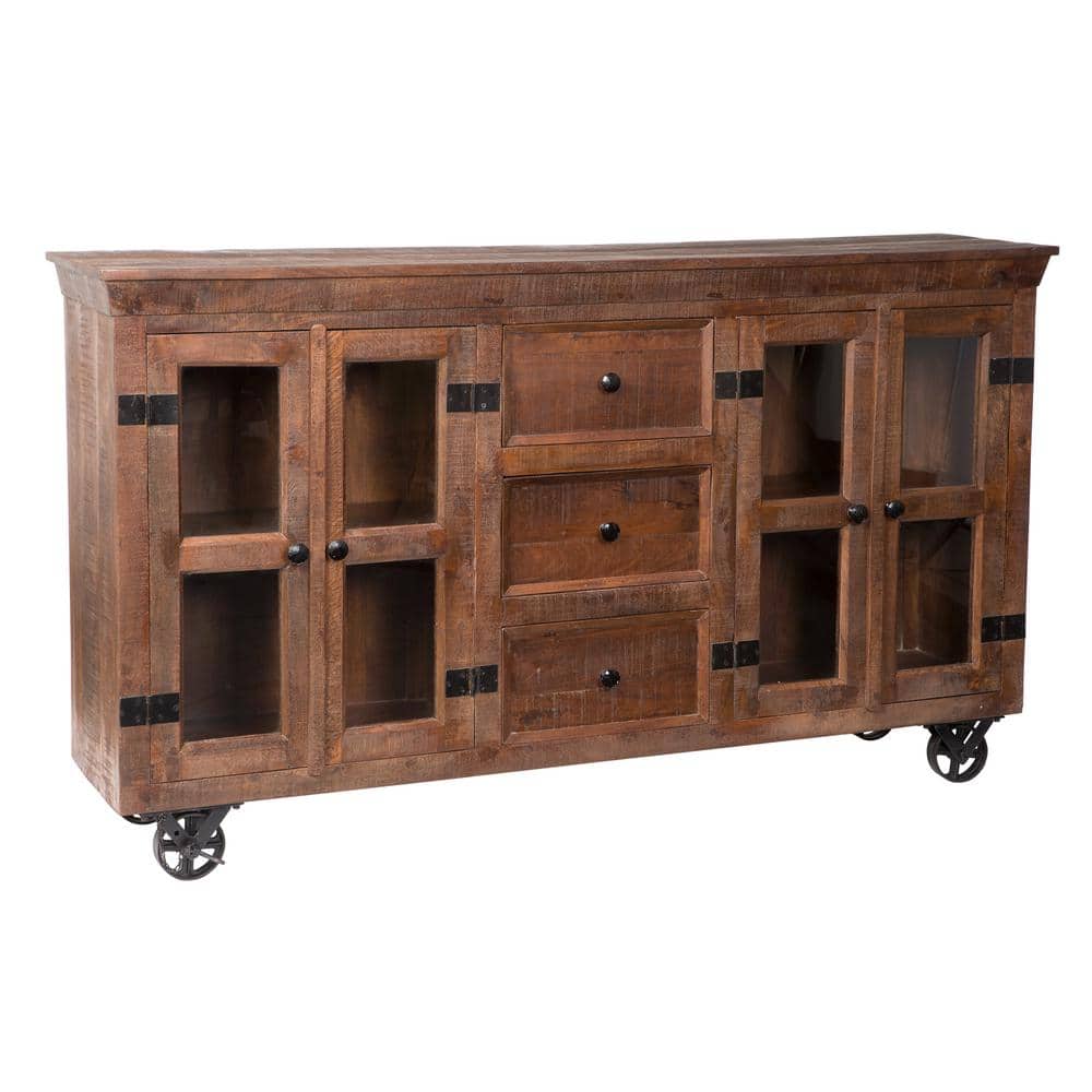 Rustic Charm 72'' Solid Mango Wood Sideboard with Cast Iron Wheels