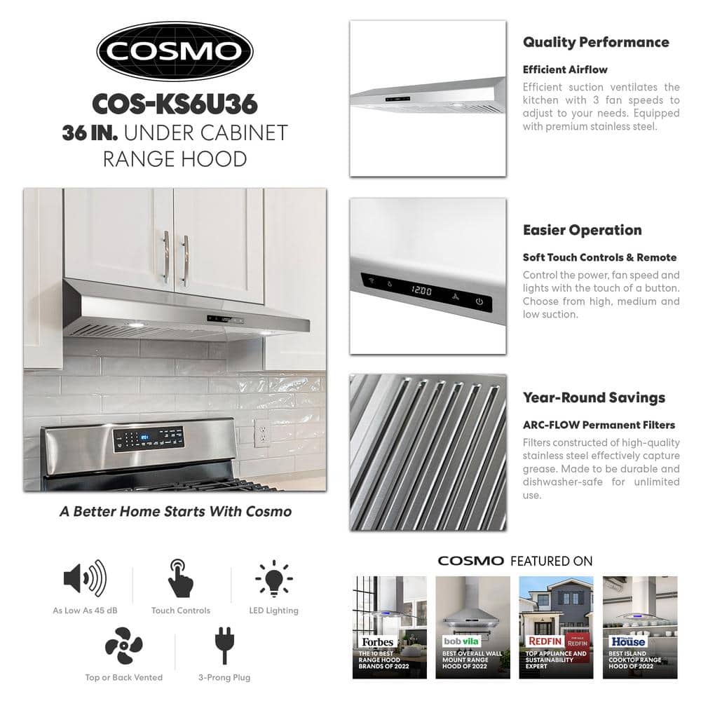 36-Inch Stainless Steel Under Cabinet Range Hood with LED Lights