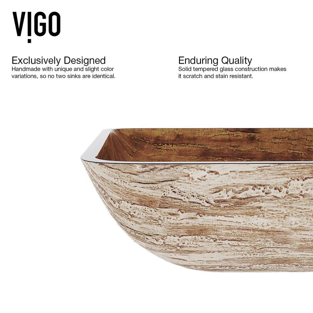 Amber Sunset Glass Rectangular Vessel Sink with Wood Finish