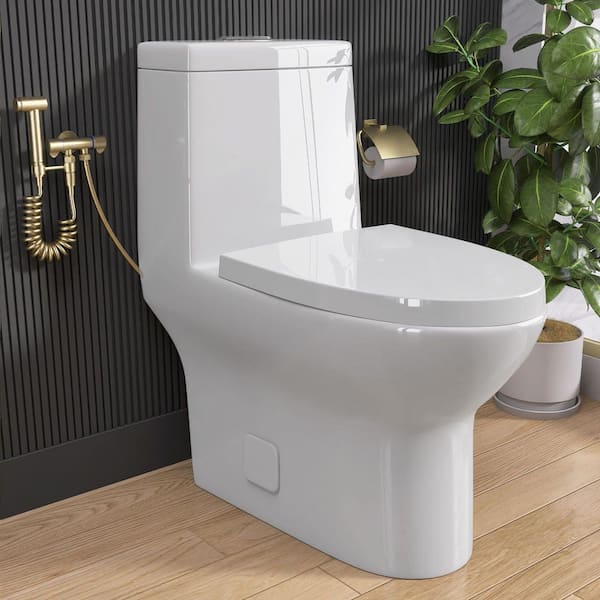 Top 1-Piece Toilet 1.1/1.6 GPF Dual Flush Compact Elongated Toilet in Glossy White Soft Close Seat Included