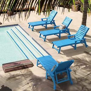 Hampton Blue Patio Plastic Outdoor Chaise Lounge Chair with Adjustable Backrest Pool Lounge Chair and Wheels Set of 4