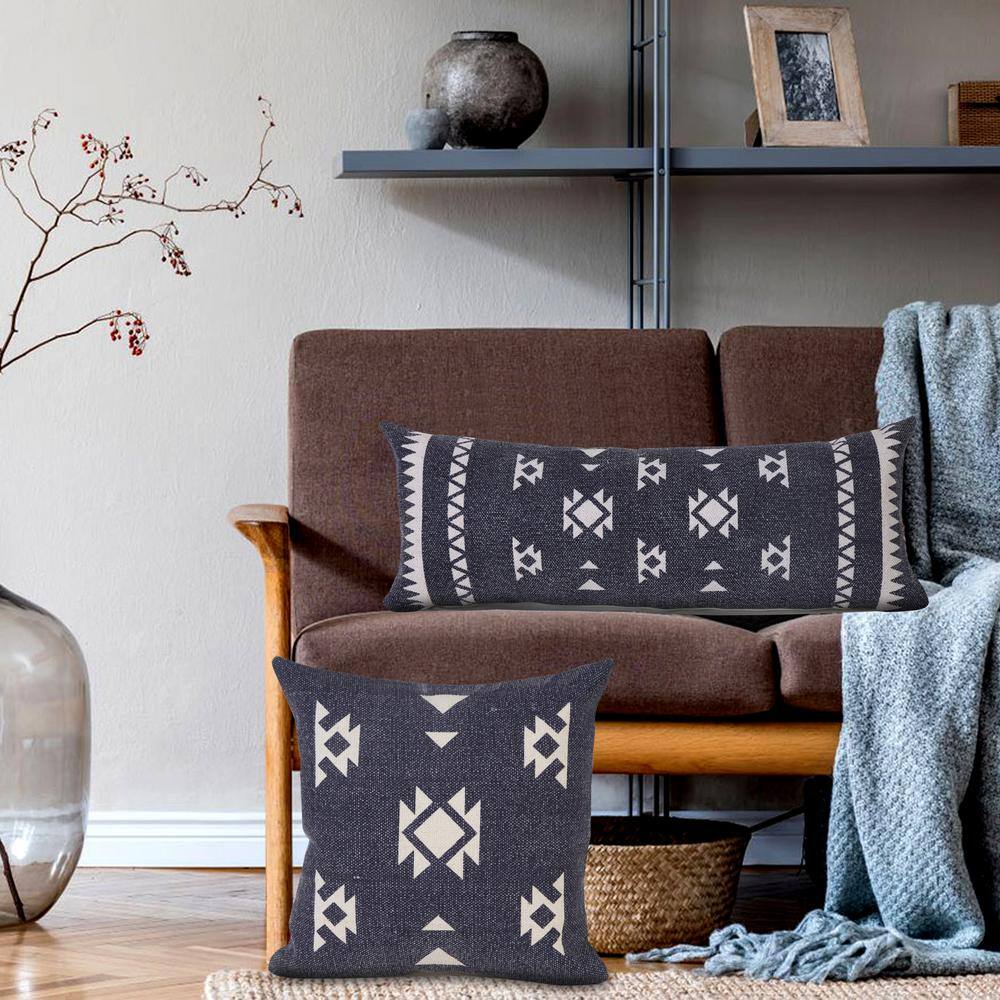 Southwestern Navy Blue / White 14 in. x 36 in. Dynamic Denim Geometric Indoor Throw Pillow