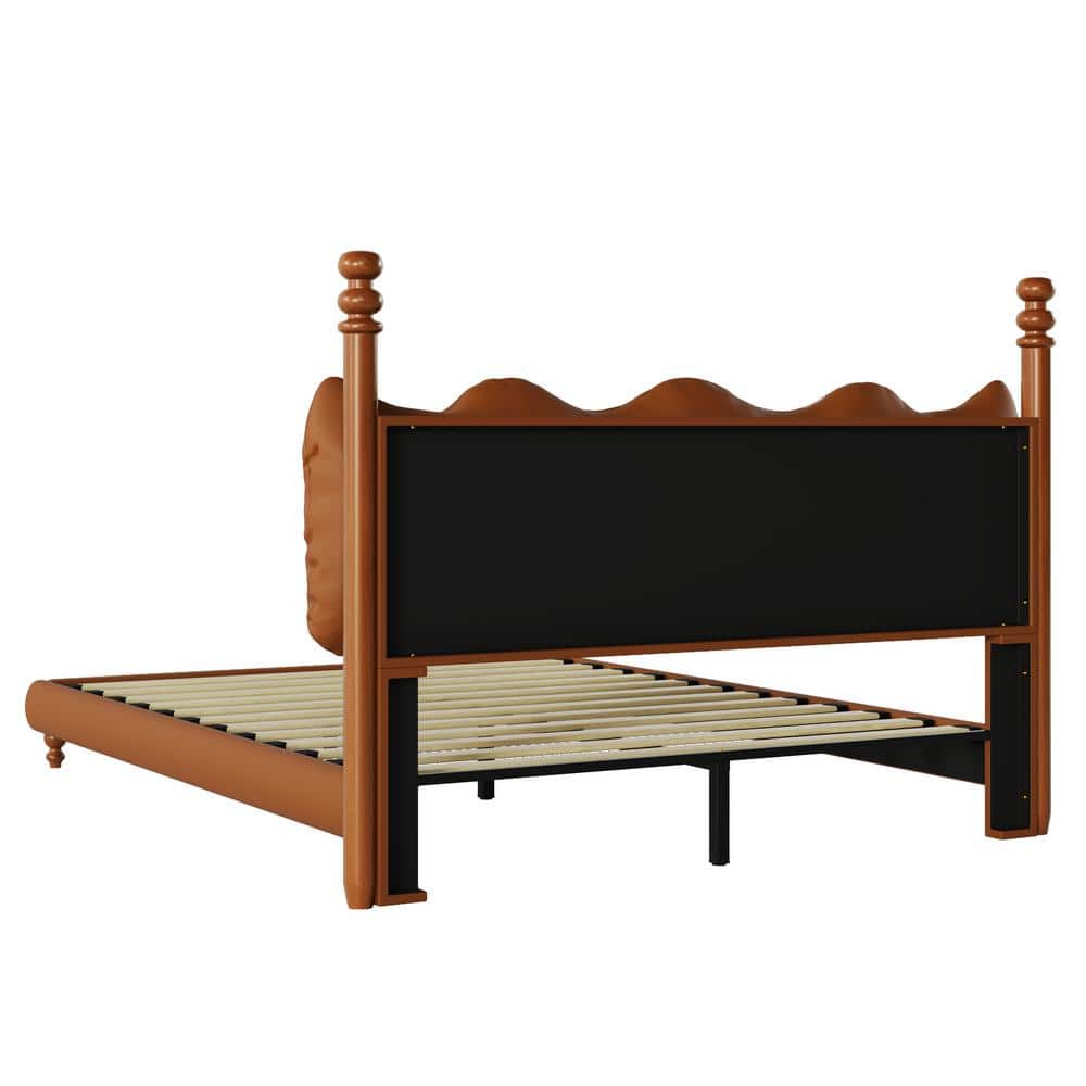 Queen Size Coffee Faux Leather Upholstered Bed with Tufted Headboard