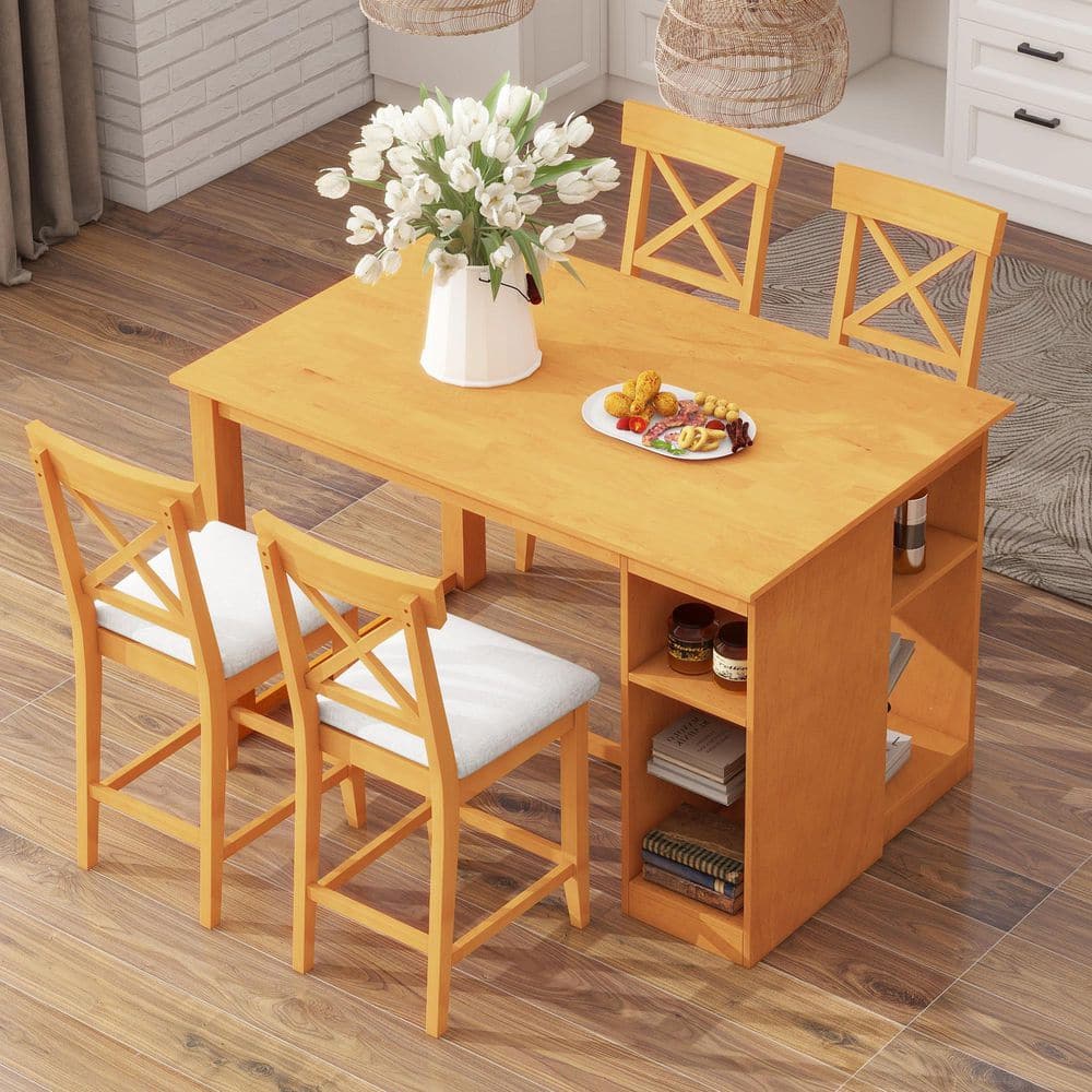 5-Piece Rectangular Brown Wood Top Dining Room Set Seats-4 with 3 Tier Storage Shelves