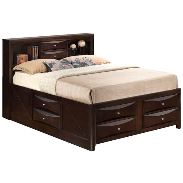 Lilith Modern Brown Wood Frame Queen Size Storage Platform Bed with Open Shelves and Drawers