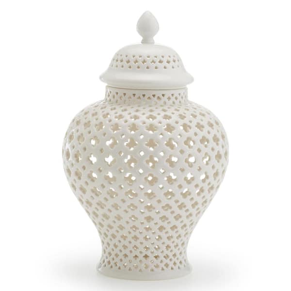 Two's Company Carthage Medium Pierced Covered Lantern - Porcelain 11-1/2 in. H x 7-3/4 in. Dia