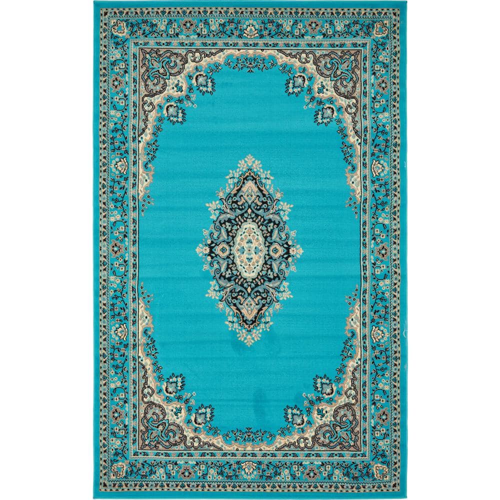 Turquoise Rectangular Medallion Synthetic 5' x 8' Area Rug