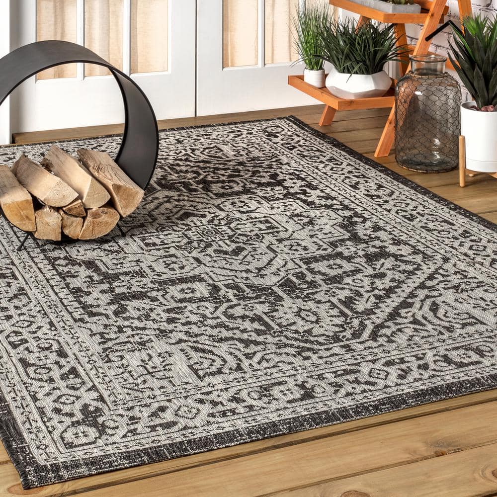 Sinjuri Gray/Black 9 ft. x 12 ft. Medallion Textured Weave Indoor/Outdoor Area Rug