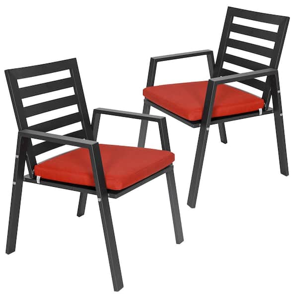Leisuremod Chelsea Modern Outdoor Dining Chair in Black Metal Frame with Removable Cushions Set of 2 Cherry Red
