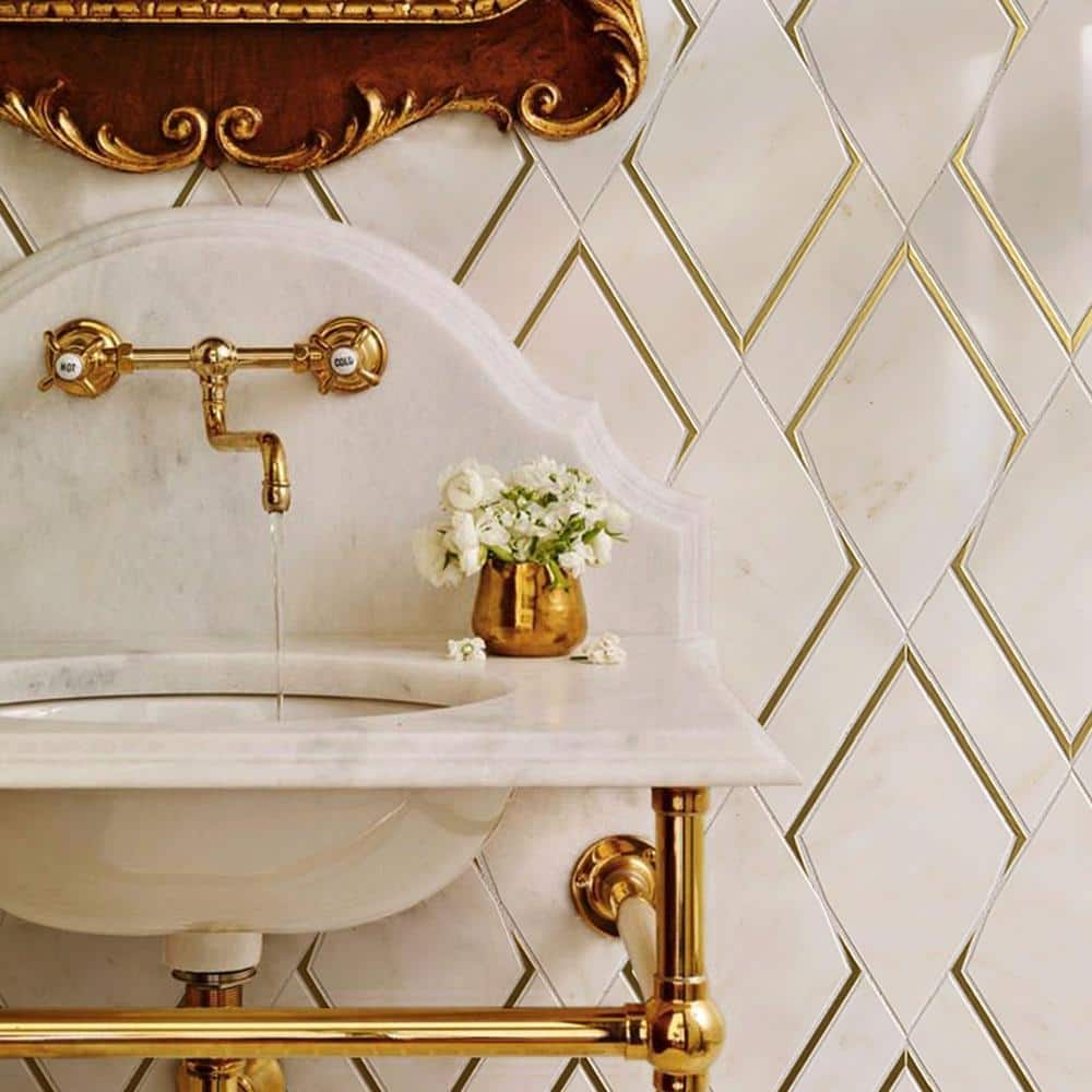White and Gold Geometric Polished Marble Mosaic Wall Tile