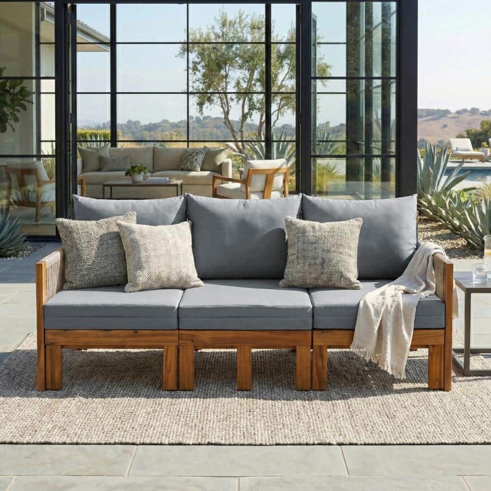 Outdoor 3-Seat Daybed Sofa – Natural Wood Frame with Grey Cushions for Patio, Backyard & Pool price history on PriceWatchPro