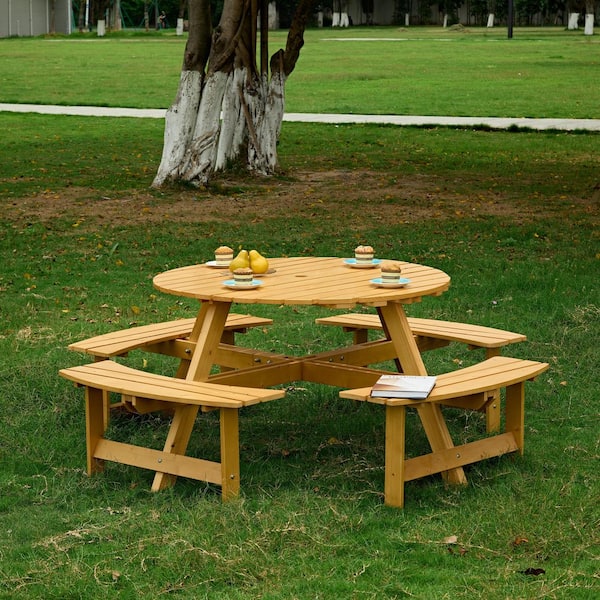 70.08 in. Natural Brown Round Wood and Metal Picnic Table Seats 8-People with 4-Built-in Benches, Umbrella Hole