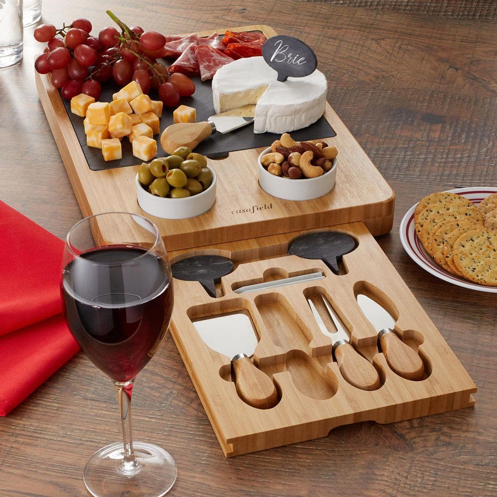 Bamboo Charcuterie Cheese Board Set with Slate and Ceramic Bowls
