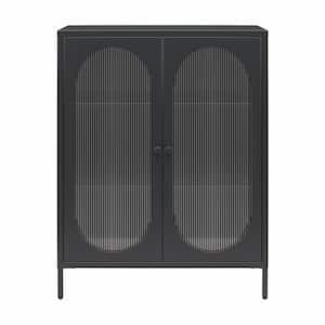 Luna Black Short 2-Door Metal Storage Cabinet with Fluted Glass