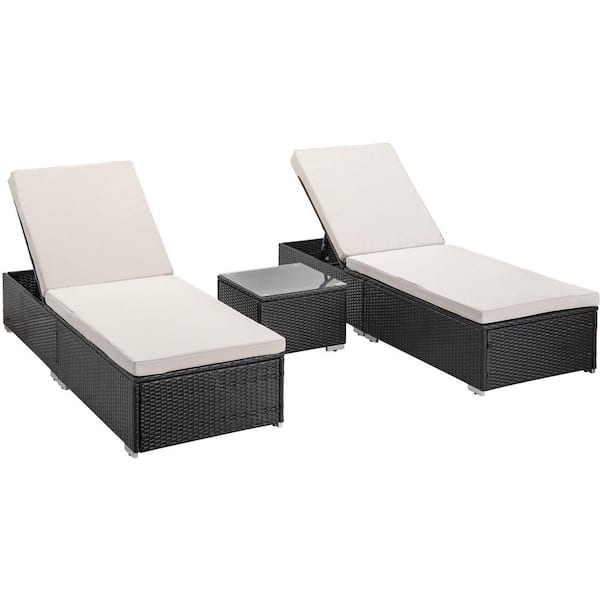 Miscool Anky Coffee 3-Piece Wicker Outdoor Chaise Lounge Set with Begie Cushions, End Table