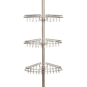 3-Tier Stainless Steel Spring Tension Shower Corner Pole Caddy with Four Clip-on Hooks and Razor Holders in Satin Nickel