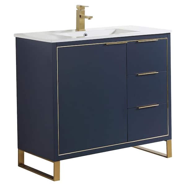 FINE FIXTURES Opulence 36 in. W x 18 in. D x 33.5 in H. Bath Vanity in Navy Blue with White Ceramic Top