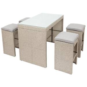 White 5-Piece Wicker Outdoor Dining Set with Washed Brown Cushion